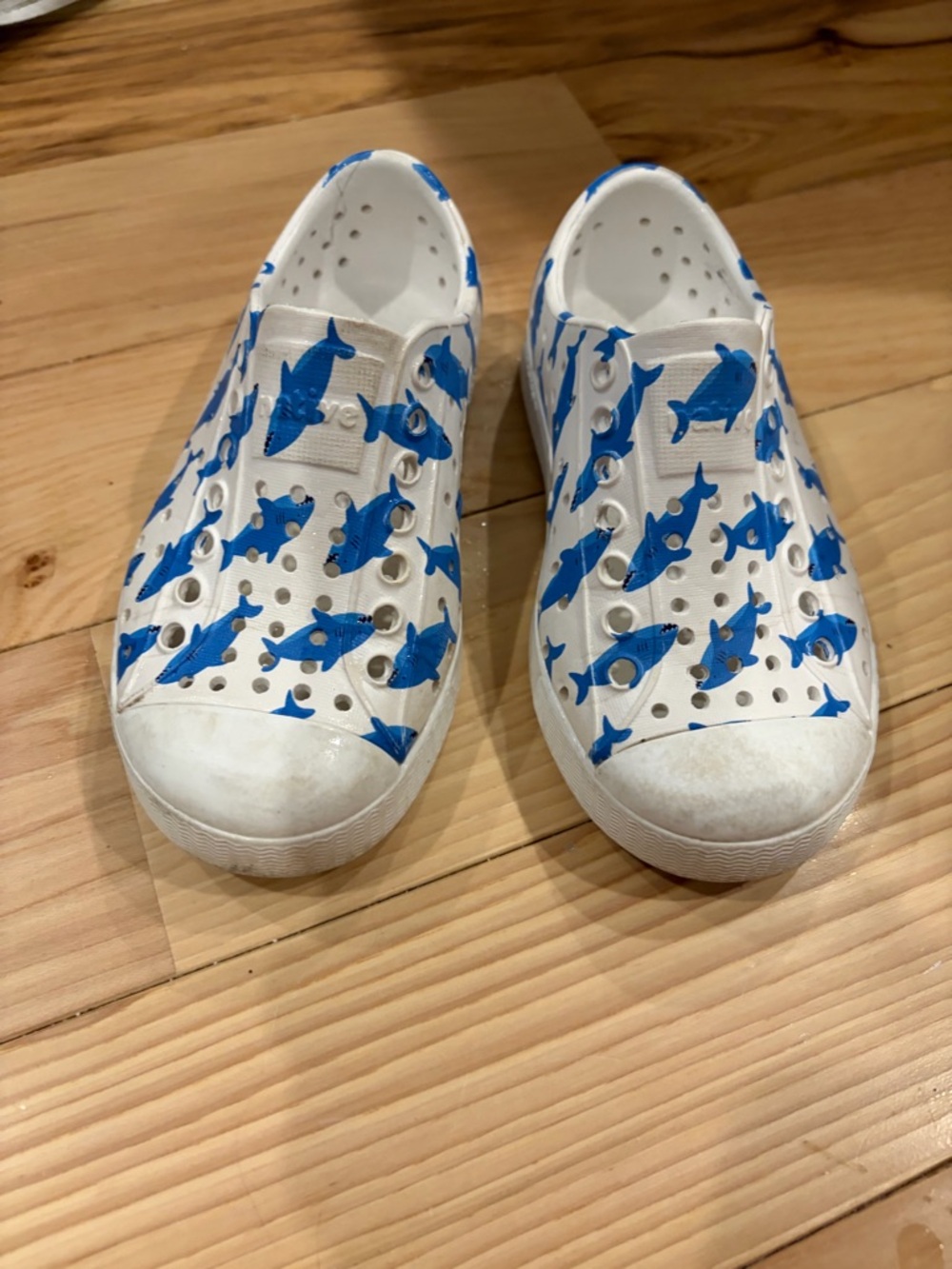 Native Kids White Slip-On Water Shoes with Blue Shark Pattern